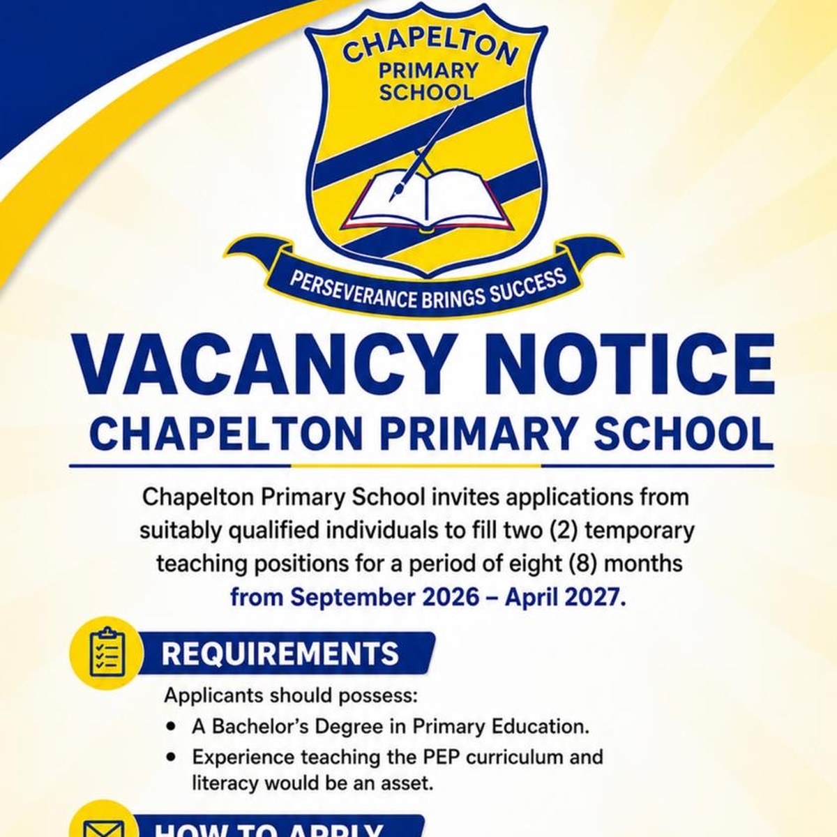 Chapelton Primary School vacancy notice for two temporary teaching posts.